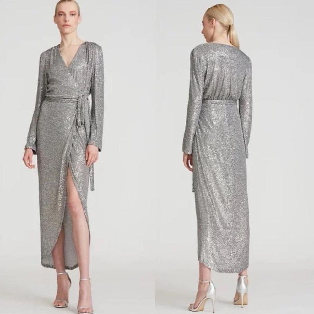 NWT Halston Falan Sequin Holiday Dark Silver Wrap Maxi Cocktail Dress, Size 10.